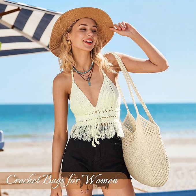 Tavaleu Crochet Tote Beach Bags for Women, Mesh Beach Tote Knit Bag, Summer Vacation Aesthetic Boho Hobo Shoulder Bag