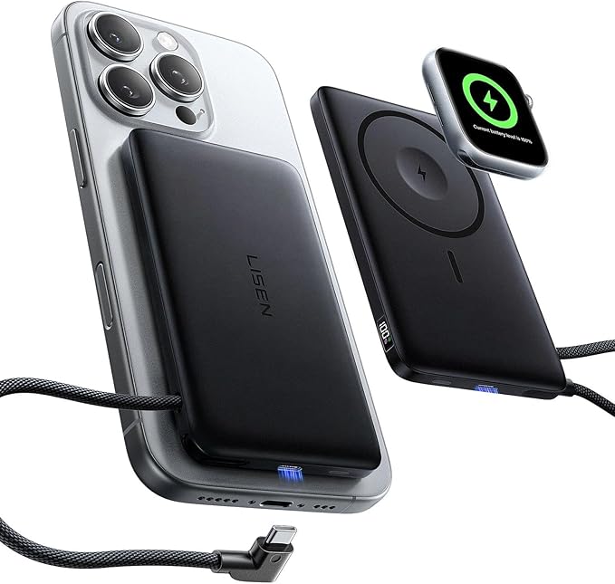 LISEN 0.5'' Ultra Slim MagSafe Power Bank for iPhone and Apple Watch,10000mAh MagSafe Battery Pack,Alloy Magnetic Portable Charger for iPhone 16 Pro Max Plus/15, Apple Watch S11 /S10 S9 SE，Black