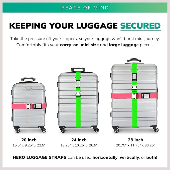 Hero Luggage Straps for Suitcases and Carry-On (2-Pack) Heavy-Duty Secure Belts with 700+ lbs. Max Force Tension (Green/Pink)