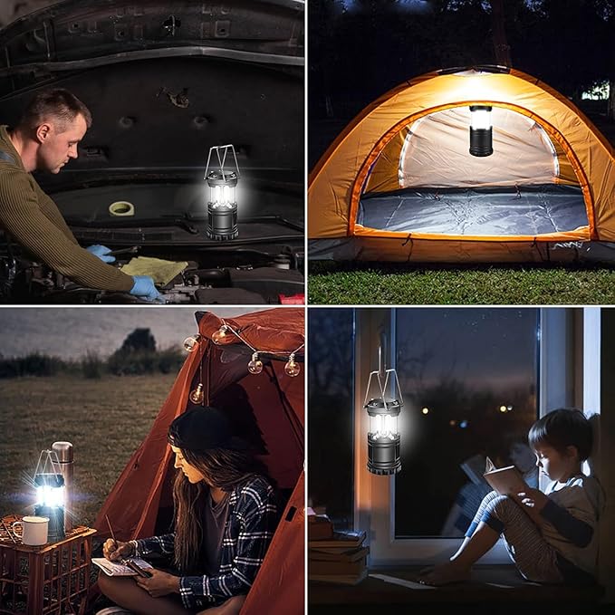 EXTRASTAR 2 Pack LED Battery Operated Lights, Portable Survival Battery Powered Lamp, Camping Lantern, Suitable for Hurricane, Emergency, Storm, Outages, Outdoor Collapsible Lanterns, Black