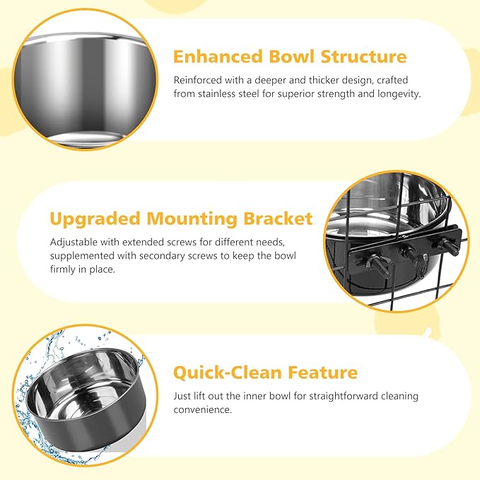 Dog Crate Water Bowl No Spill 2 Pack,Stainless Steel Dog Bowls for Food and Water, Pet Kennel Hanging Dogs Food Bowls for Medium/Large Dogs and Cats (7.1"x2.6" & 6.3"x2.6", Black)