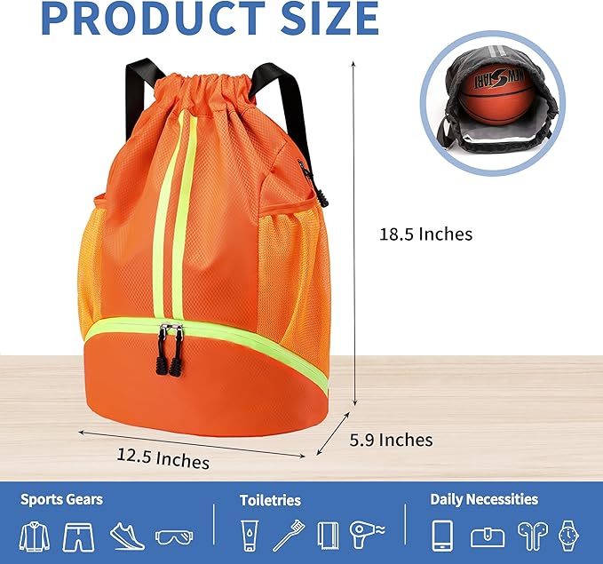 JELUTAR Drawstring Backpack Gym Bag with Shoes Compartment for Soccer, Basketball, Swim, Water-Resistant String Backpack Beach Cinch for Women Men, Orange