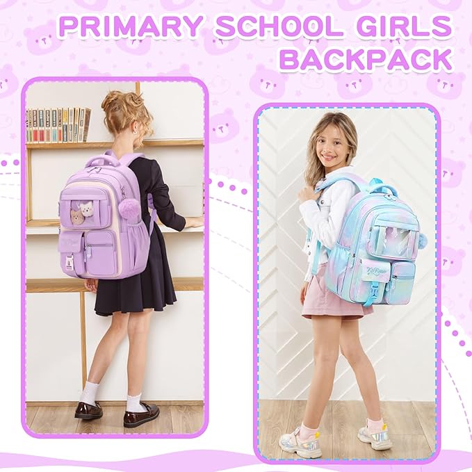 PIG PIG GIRL Kids Backpack for Girls School Bags for Middle School Students Book Bag for Elementary Primary Kawaii Ita Backpack, Purple and Beige
