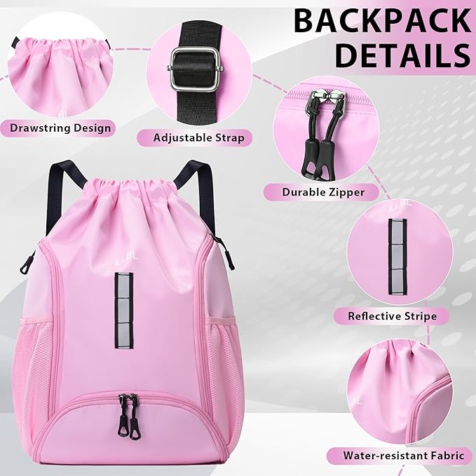 Drawstring Gym Backpack, Sports Bag with Adjustable Shoulder Straps, Cinch Sack for Fitness, Swimming, Travel (Pink)