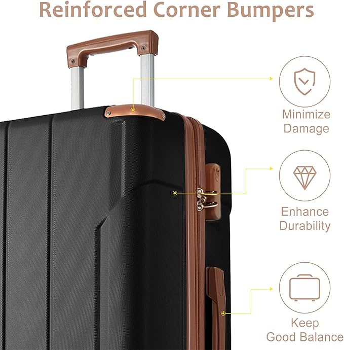 3 Piece Luggage Set, Hardside Suitcase with Spinner Wheels, TSA Lock & Expandable Hard Shell, Carry on and Checked Luggage for Travel, Maletas de Viaje for Men & Women(Black Brown 3 Sets, 20/24/28")