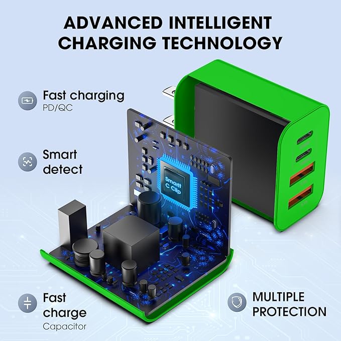 USB C Charger Block, 2 Pack 40W 4-Port iPhone Charger Fast Charging Multiport PD 3.0 & QC 4.0 Double Quick Charge, Compatible with iPhone 17/16/15/14/13/12/11，Pro Max，iPad, Samsung (2, Dark Green)