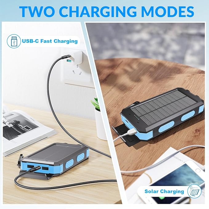 Power Bank Solar Charger 20,000mAh, Portable Phone Charger, 4 Cables Outdoor Waterproof External Backup Power Charger with USB-C for Cell Phones, Solar Battery Pack with Dual Flashlight for Camping
