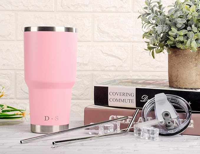 D·S 30 oz Pink Tumbler Stainless Steel Double Wall Vacuum Insulated Mug with Straw and Lid, Cleaning Brush for Cold and Hot Beverages (30oz Pink)