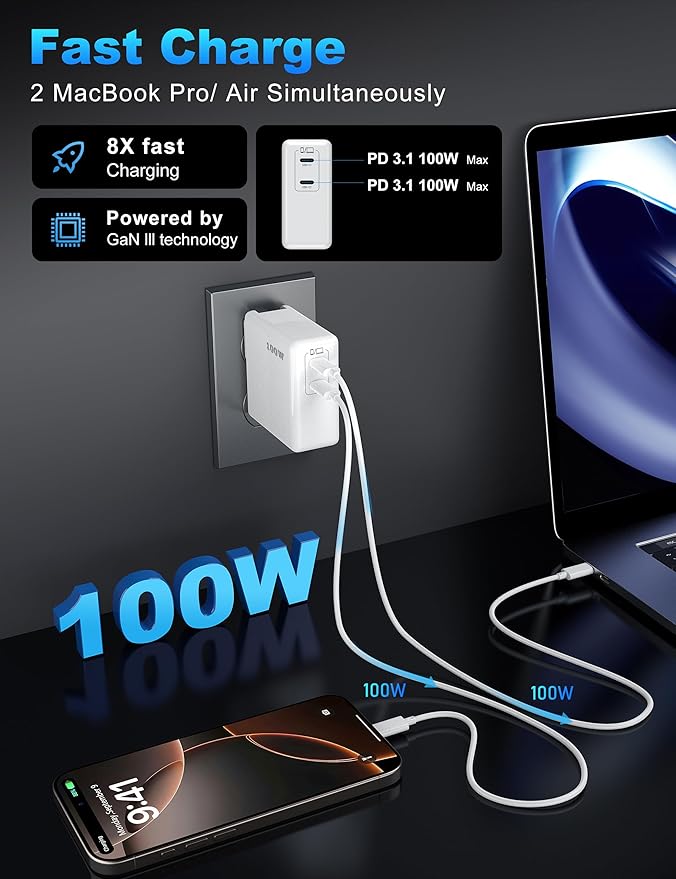 Mac Book Pro Charger, 100W USB C Fast Charger for MacBook Pro/MacBook Air 16 15 14 13 Inch, iPad Pro, iPhone 16/15 Pro and All USBC Devices, GaN Foldable Power Adapter with 10 FT USB C Charge Cable
