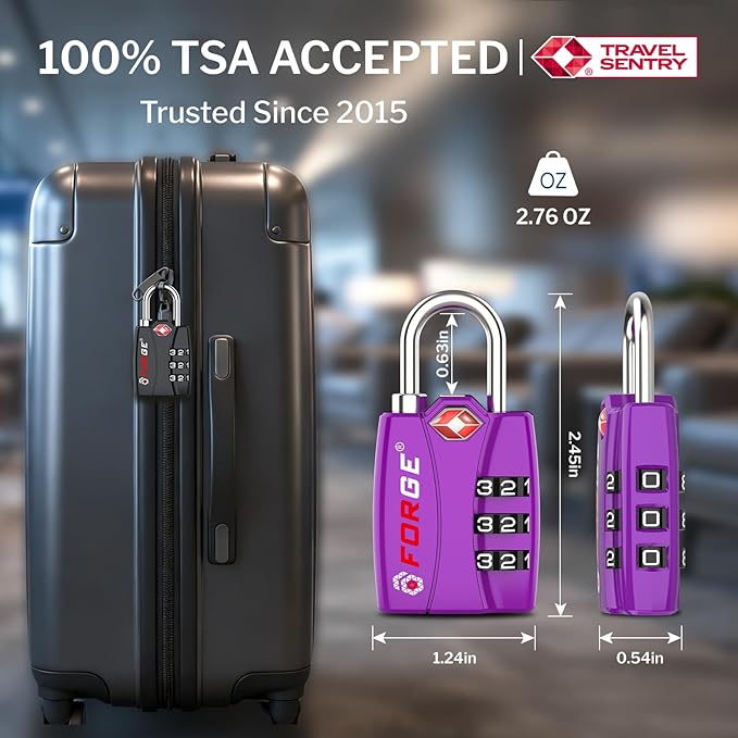 Forge Open Alert TSA Approved Luggage Locks - 3 Digit Combination, Easy Read Dials, Zinc Alloy Body - Ideal Travel Lock for Luggage, Suitcases, Bags & Toolboxes (Purple 4 Locks)