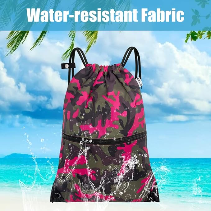 draw string back bag, Large Gym Sports string backpack for men and women with front zipper pocket and inside zipper pocket to keep key or phone(Pinkgreen camo)