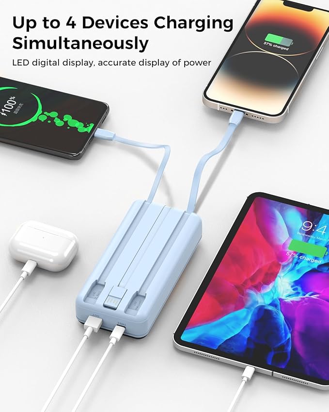 Portable Charger 40000mAh Power Bank - PD 22.5W Fast Charging Battery Pack, Built-in Cable Phone Charger 4 Output 3 Input, Compatible with iPhone 16 15 14 13 Android Samsung(Blue)