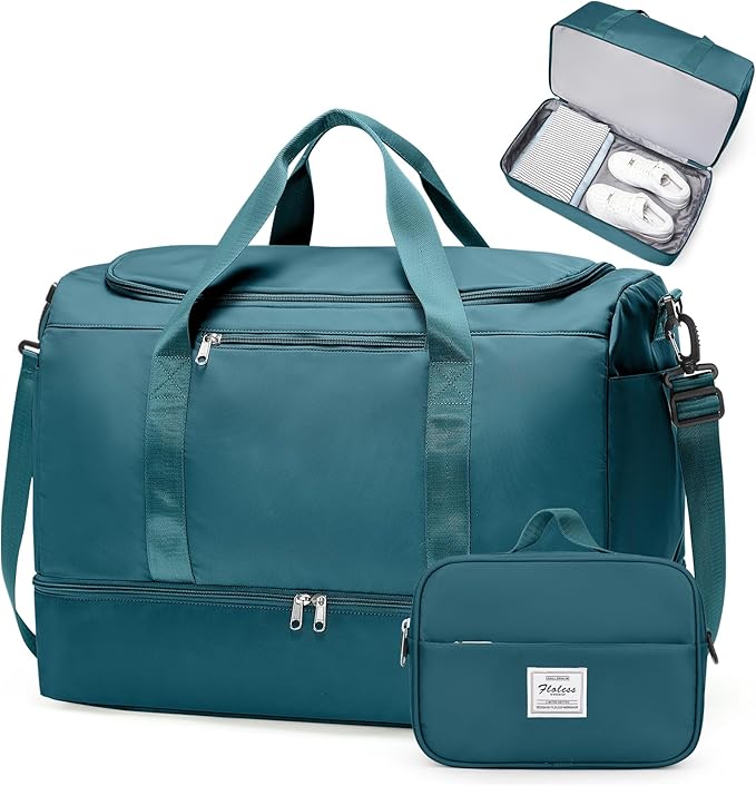 Large Travel Duffle Bag,Carry on Overnight Weekend Bag with Shoes Compartment,Weekender Bags for Women for Travel Business Trips Sport Hospital,2Pcs,Peacock Blue