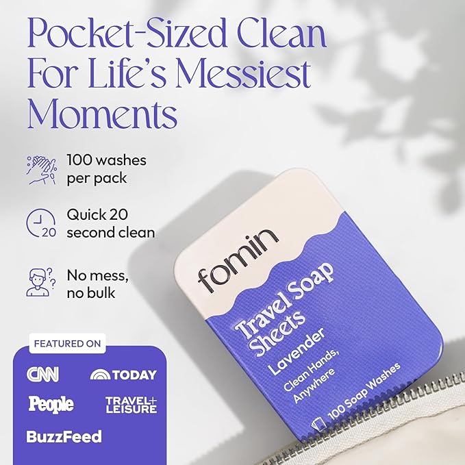 FOMIN - Antibacterial Paper Soap Sheets for Traveling - 300 Lavender Portable Hand Soap Sheets for Travel in Tin - Dissolvable Mini Portable Travel Soap Sheet for Hand Washing, Camping and Hiking