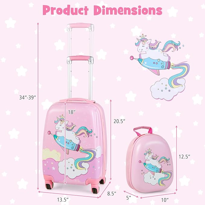 Goplus Kids Luggage Set, 12" & 18" Kids Carry On Luggage Set, Multi-directional Wheels Suitcase, Large Capacity Rolling Trolley Suitcase, Gift for Boys and Girls Toddlers Children Travel