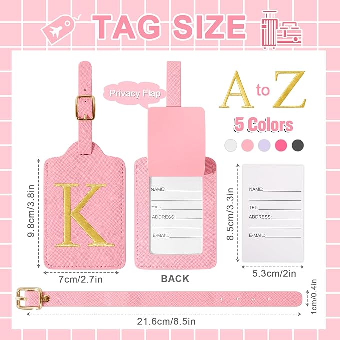 Personalized Initial Luggage Tags for Suitcase, Pink Leather Cute Luggage Tags with Privacy Cover Name Card, Embroidered Custom Monogrammed Luggage Tag Travel Bag Baggage Tags Gifts for Women Kids(K)