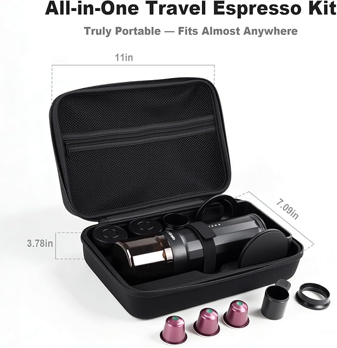 Portable Espresso Machine, Travel Coffee Maker with Carrying Bag and Stand, Fast Charging Espresso Maker with Self-Heating for Ground Coffee & NS Capsules, for Camping, RV, Hiking, Office
