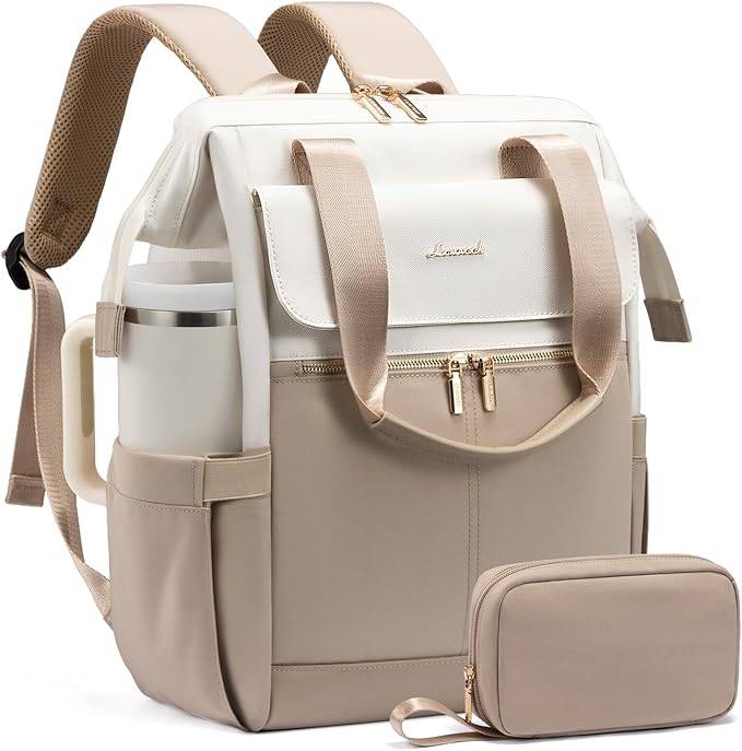 LOVEVOOK Laptop Backpack for Women, 15.6 Inch Work Laptop Bag with USB Port, Fashion Teacher Nurse Backpack Purse, Waterproof Travel Computer Backpack with Organizer Bag, 2PCS, Beige-Khaki