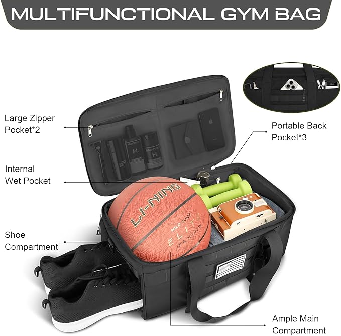 ETRONIK Gym Bags for Men Women, Carry On Luggage 22x14x9 Airline Approved, Tactical Duffle Bag with Shoe Compartment, 3 in 1 Carry on Travel Backpack with Wet Pocket, Weekender Overnight Bag, Black