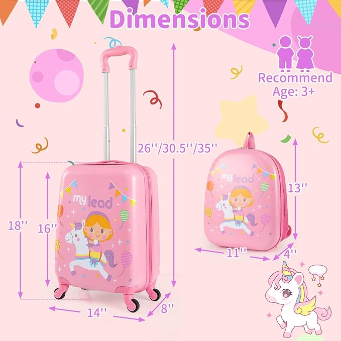 Goplus 2 PCS Kids Luggage, 13" & 16" Carry-on Suitcase w/Spinner Wheels, Telescopic Handle, Hard Shell Rolling Trolley Luggage for Toddler Boys Girls Travel, Airline Approved (Pink, Pony)