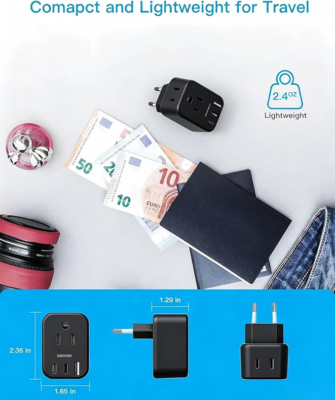 Black European Travel Plug Adapter USB C, International Plug Adapter, US to Europe Adapter Plug 2 Outlets 3 USB Ports(2 C Port), Type C Power Adapter to Iceland Italy France Portugal Spain Germany