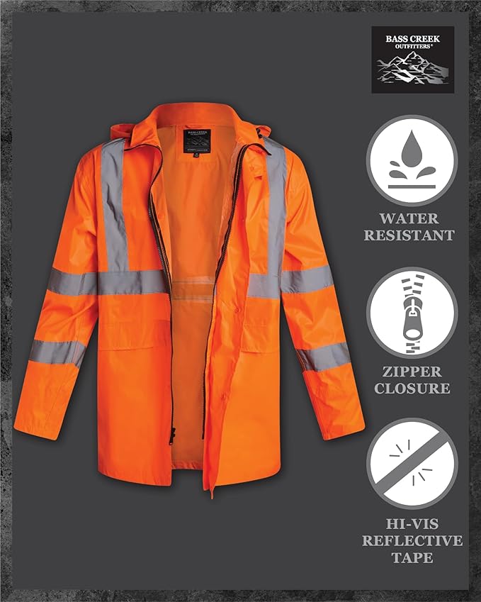 Bass Creek Outfitters Mens Rain Jacket - Waterproof Hooded High Visibility Safety Coat with Reflective Strips