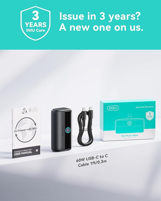 INIU Pocket Size 5000mAh 20W PD Fast Charging Power Bank & 5500mAh Power Bank with Build-in USB-C Connector Combo
