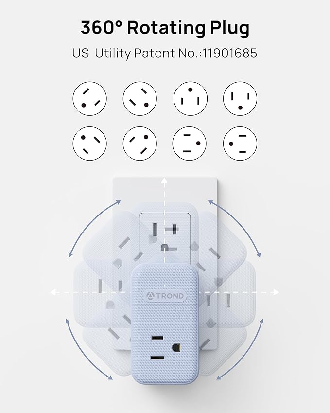 TROND Outlet Extender with 360 Rotating Plug, 3 Way Plug Splitter with PD 20W USB C Adapter, Multi Wall Adapter, Colorful Outlet Extension for Home Decoration, Travel Cruise Essentials