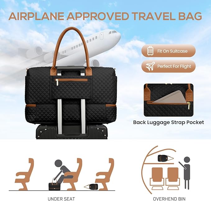 Travel Weekender Duffle Bags for Women - Large Carry On Bag with Shoe Compartment Overnight Bag with Toiletry Bag Duffel Bags with Wet Pocket for Gym Hospital Bags for Labor and Delivery Black Brown