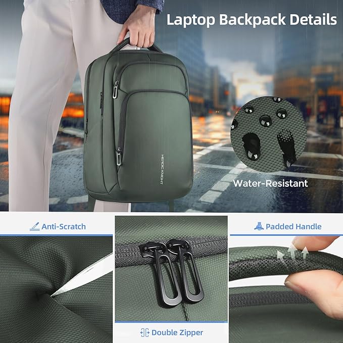 17.3 Inch Laptop Backpack for Travel Work Office College, 30L Water Resistant Casual Daypack, Lightweight Computer Backpack for Men Women, Business Laptop Bag with USB Charging Port - Green