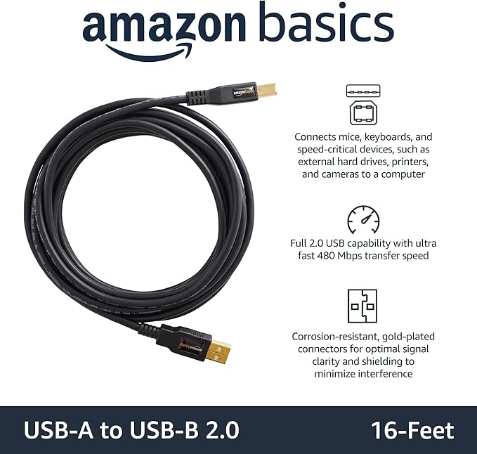 Amazon Basics USB-A to USB-B 2.0 Cable for Printer or External Hard Drive, Gold-Plated Connectors, 16 Foot, Black