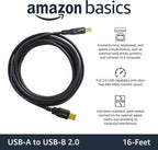Amazon Basics USB-A to USB-B 2.0 Cable for Printer or External Hard Drive, Gold-Plated Connectors, 16 Foot, Black
