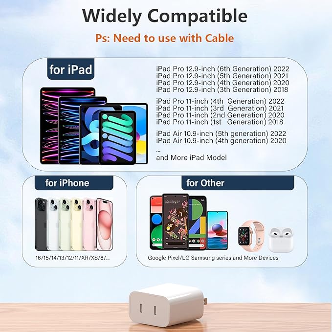 USB C Charger Block for Apple iPhone Air 17 16 15 14 13 12 11 Pro Max, 20W USBC Fast Charging Cube Plug Brick for Apple Watch iPhone iPad Airpods and More, 1Pack 2C USB-C Power Adapter, White