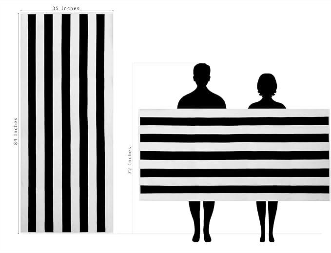 COTTON CRAFT Oversized XXL Beach Towel - 2 Pack 35x84 - The Big Kahuna 7 Foot Extra Large Beach Blanket Towel - Big & Tall - Huge 100% Cotton Velour Soft Luxury Pool Bath Towel - Cabana Stripe Black