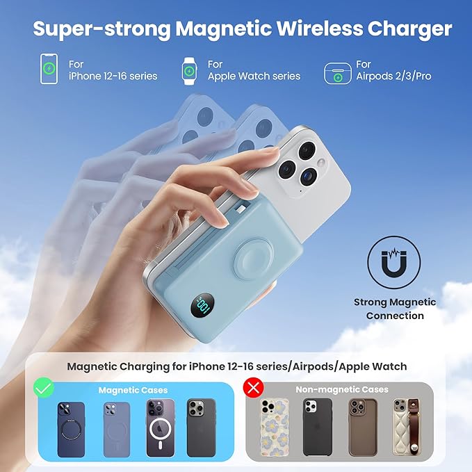 6 in 1 Magnetic Portable Charger for iPhone with Built-in Cables, 10800mAh 25W PD Fast Charging Power Bank, 6 Outputs LCD Display Travel Essential Battery Pack for iPhone 17/16/15/14/13/12 (Sky Blue)