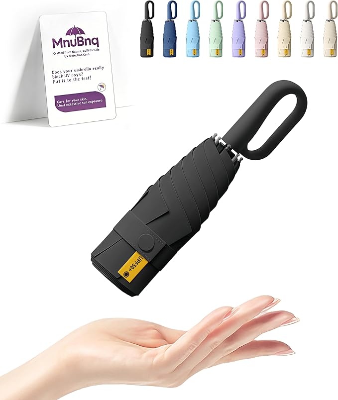Mini Travel Umbrella with Carabiner Handle UPF 50+ Sun & Rain Protection Portable Manual Open Close Windproof Umbrella Small Compact Portable Parasol for Commuter Kids Women Men