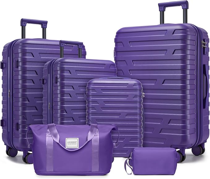 6 Piece Luggage Sets with Bags, Lightweight Expandable Checked Luggage Sets, Hardshell ABS Spinner Wheels Carry on Suitcase with TSA Lock, for Travel, Women Men (Purple, 18/20/24/28inch+2bags)