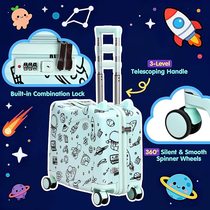 Kids Ride-On Suitcase with Cute Ears, DIY Graffiti Coloring Design, 20" Carry-On Luggage with 4 Spinner Wheels, Pull Rope & Combination Lock – Rideable Travel Case for Toddlers & Children(Green)