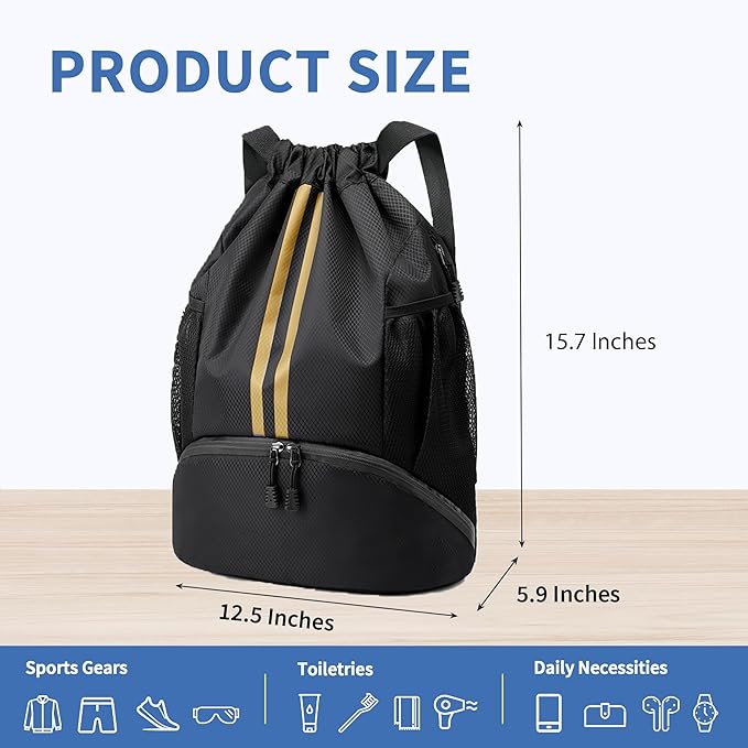 JELUTAR Drawstring Backpack Gym Bag with Shoes Compartment for Soccer, Basketball, Swim, Water-Resistant String Backpack Beach Cinch for Women Men, Black Gold