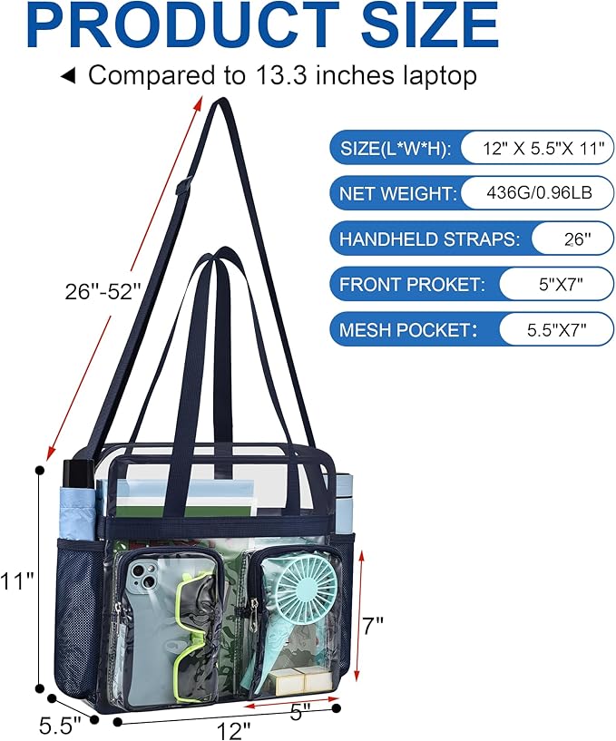 XCU Clear Bag for Stadium Events 12x6x12 Large Clear Tote Bag Transparent Lunch Bag Adjustable Straps for Concert Sports Work