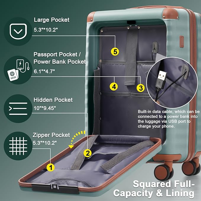 5 Piece Luggage Set w/TSA Locks & USB Port, Front Opening Hard Shell Luggage Sets, Expandable Suitcase Set with Wheels and Cup Holder(20"/24"/28") (Blue Green)