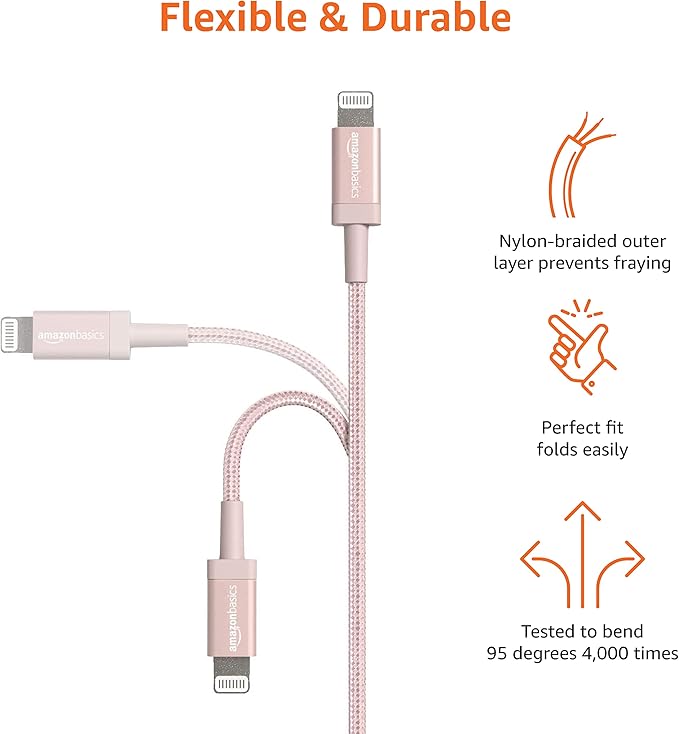 Amazon Basics USB-A to Lightning Cable, Apple MFi Certified, Nylon Braided Cord for iPhone 14 13 12 11 X Xs Pro, Pro Max, Plus, iPad, Data Sync, High Speed Transfer, 3 Foot, Rose Gold