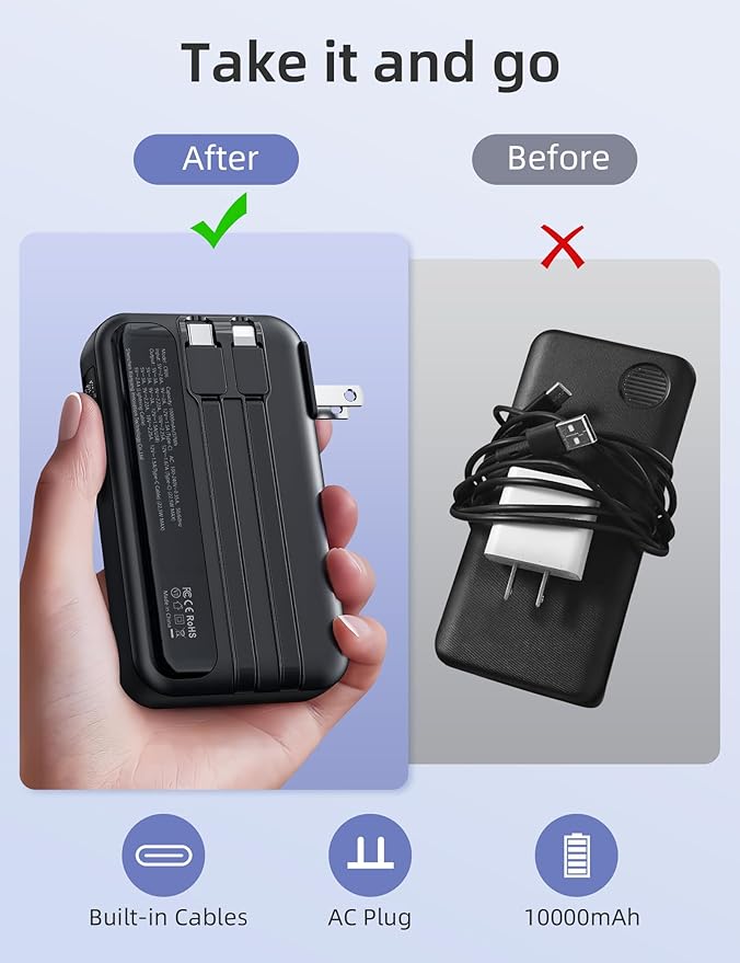 RORRY Portable Charger Built in Cables, AC Wall Plug In Portable Charger Power Bank 10000mAh Travel Battery Pack 22.5W Fast Charging for iPhone 17/16/15 Samsung Galaxy S25/S24/S23 Pixel LG iPad, Black