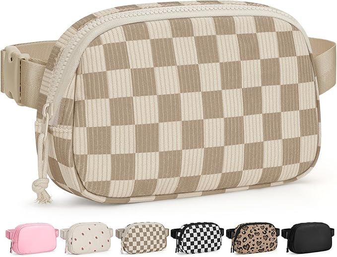 Pritent Fanny Packs for Women Cross Body Bag Waterproof Belt Bag with Adjustable Strap and Zipper Back Pocket Small Crossbody Bags Fashion Waist Packs for Workout Travelling(Checkered Khaki, Large)