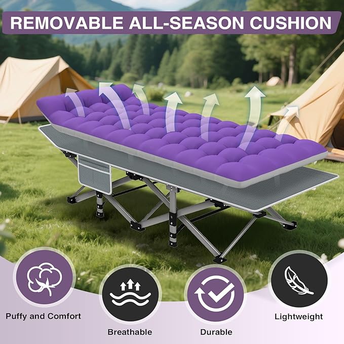 ZENPETIO 28In Folding Camping Cot for Adult, Portable Sleeping Cot with Mattress, Outdoor Heavy Duty Cot Bed for Camp with Carry Bag for Home, Office, Camp, Travel, Vacation-Purple