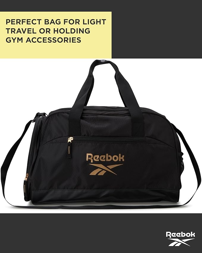 Reebok Duffle Bag - Lightweight Unisex Carry On Gym Bag - Travel and Sports Duffel Bags for Men and Women, Hamilton Black With Gold Logo