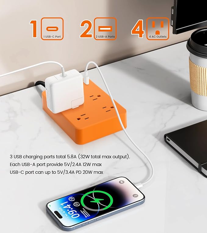 Outdoor Power Strip Weatherproof,Fast Charging Station 20W USB C,Waterproof Surge Protector 4 Outlets, Multi Outlet Extension for Camping, Garden, Kitchen,Bathroom,Flat Plug (Orange, 6 FT Cable)