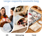 Gosect Large Makeup Bag, Cute Drawstring Cosmetic Bag with Canvas Lining, Floral Coquette Aesthetic Toiletry Bag, Travel Make Up Organizer Bag for Women and Girl (Blue Flower)