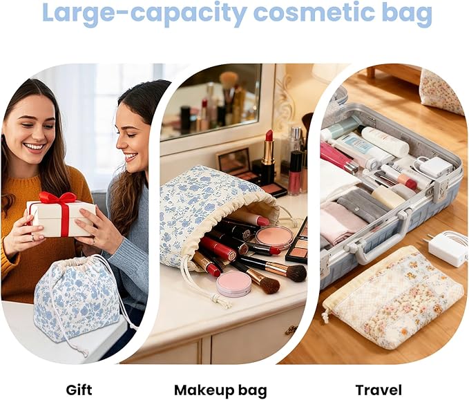 Gosect Large Makeup Bag, Cute Drawstring Cosmetic Bag with Canvas Lining, Floral Coquette Aesthetic Toiletry Bag, Travel Make Up Organizer Bag for Women and Girl (Blue Flower)