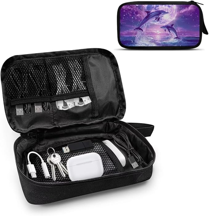Purple Moonlight Dolphin Print Storage Pouch - Earphone, Cable Organizer, Power Bank & Data Cables Storage, Headset Organizing Multipurpose Bags